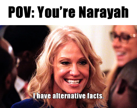 This meme is a still image of a person with a shocked expression, likely a celebrity or public figure. The text overlayed on the image reads "I have alternative facts" in a sarcastic tone, implying that the person is making a joke about the phrase "alternative facts" which was popularized by former US President Donald Trump during his presidency. The meme is likely poking fun at the idea that someone is trying to pass off false information as true.